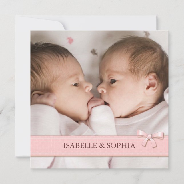 Pink Bow Twin Girls Baby Photo Birth Announcement (Front)