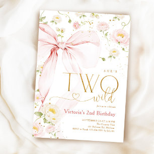 Pink Bow Two Wild Girls 2nd Birthday Invitation