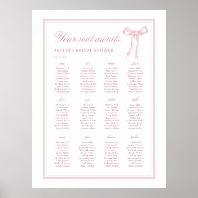 Pink Bow Tying The Knot 12 Tables Seating Chart (Front)
