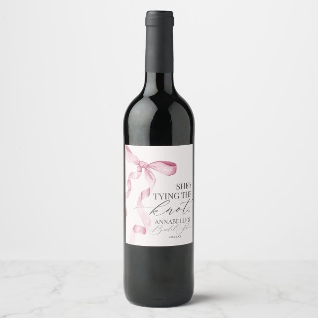 Pink Bow Tying the Knot Bridal Shower Favours Wine Label (Front)