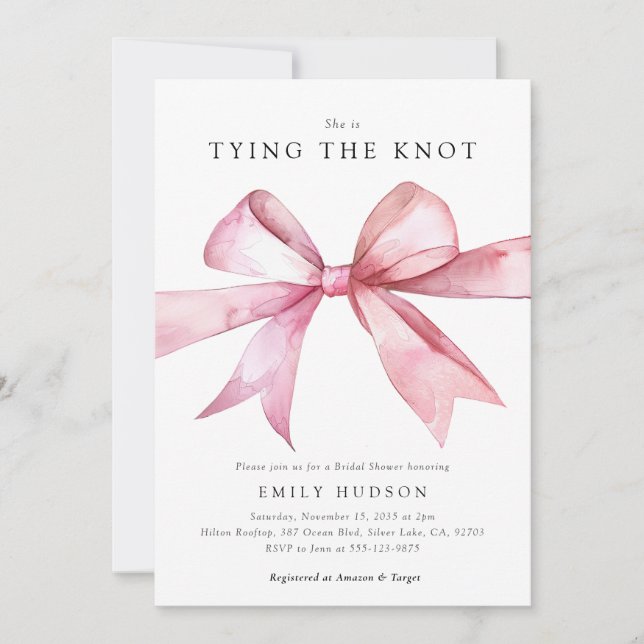 Pink Bow Tying the Knot Bridal Shower Invitation (Front)