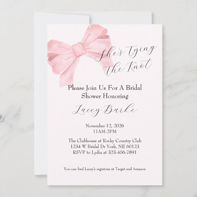 Pink Bow Tying the Knot Bridal Shower Invitation - (Front)