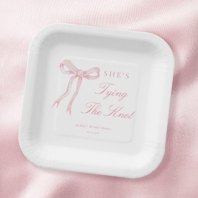 Pink Bow Tying The Knot Bridal Shower Paper Plate (Creator Uploaded)