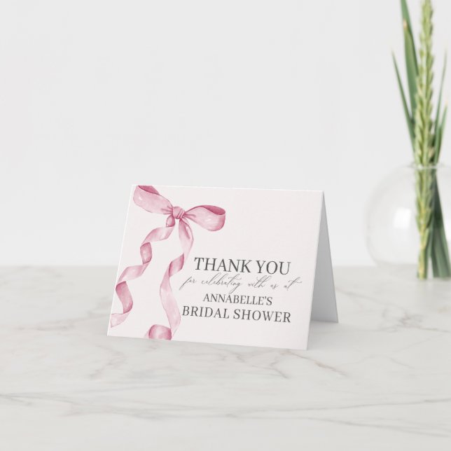 Pink Bow Tying the Knot Bridal Shower Thank You Card (Front)