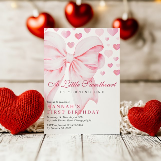 Pink Bow Valentine's First Birthday Invitation (Creator Uploaded)
