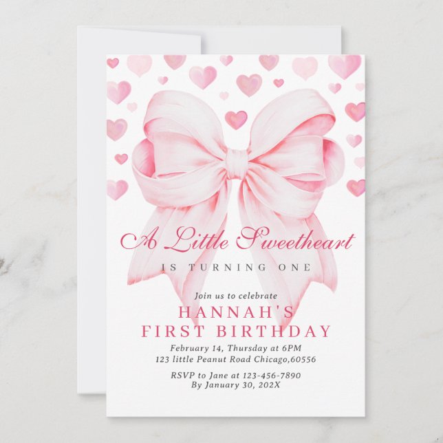 Pink Bow Valentine's First Birthday Invitation V2 (Front)