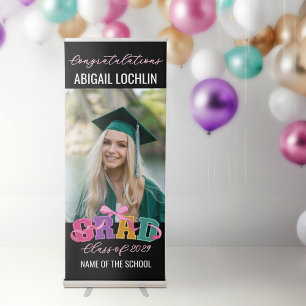 Pink Bow Varsity Letter Grad Class of Year Photo Retractable Banner