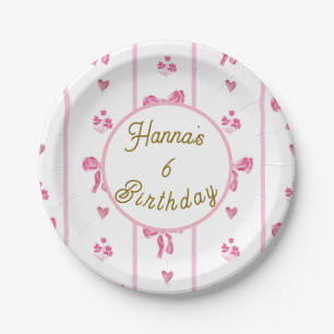 Pink Bow Vertical Stripe -preppy coquette birthday Paper Plate