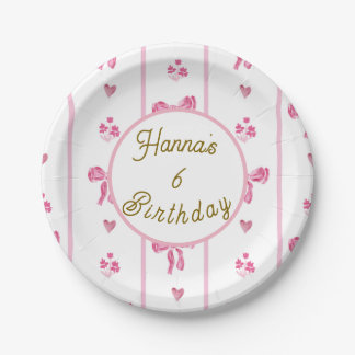 Pink Bow Vertical Stripe -preppy coquette birthday Paper Plate