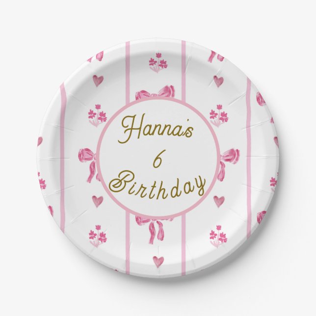 Pink Bow Vertical Stripe -preppy coquette birthday Paper Plate (Front)