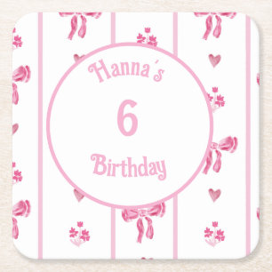 Pink Bow Vertical Stripe - preppy coquette  Square Paper Coaster