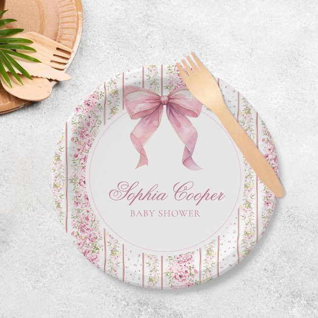 Pink Bow Vintage Coquette Baby Shower Paper Plate (Creator Uploaded)