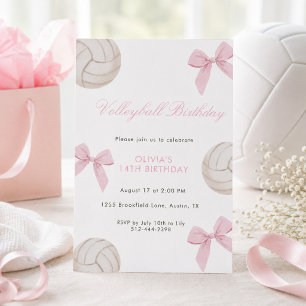 Pink Bow Volleyball Birthday Party for Girls Invitation