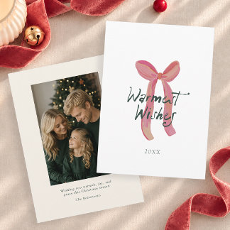 Pink Bow Warmest Wishes Christmas Photo Card