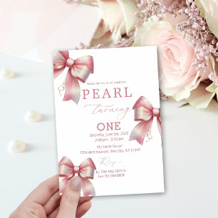 Pink Bow Watercolor 1st Birthday Invitation