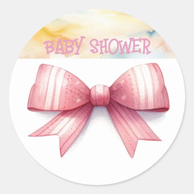 Pink Bow Watercolor Baby Shower Classic Round Sticker (Front)