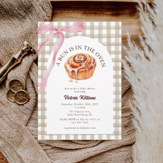 Pink Bow Watercolor Bun in the Oven Baby Shower Invitation