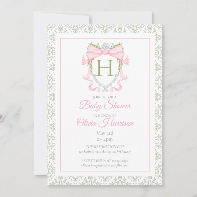 Pink Bow Watercolor Crest Baby Shower Invitation  (Front)