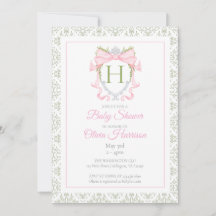 Pink Bow Watercolor Crest Baby Shower Invitation