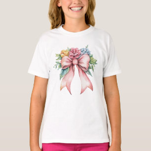 Pink Bow Watercolor Florals Flowers Coquette Girls T-Shirt