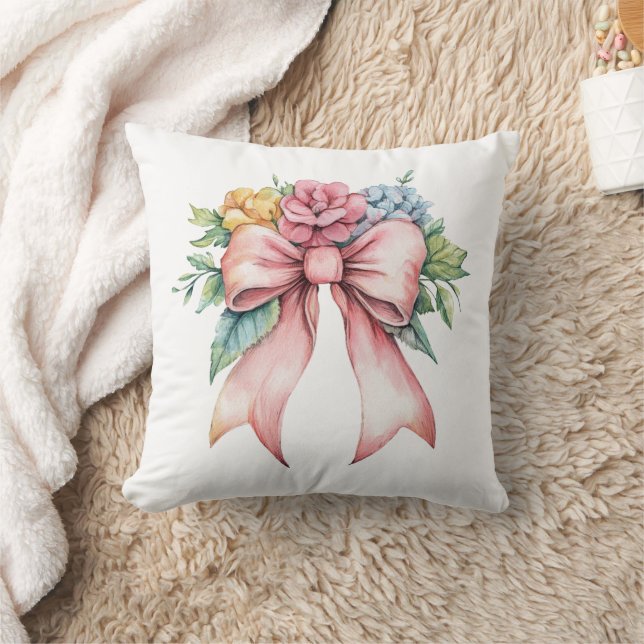 Pink Bow Watercolor Flowers Nursery Bedroom Cushion (Blanket)