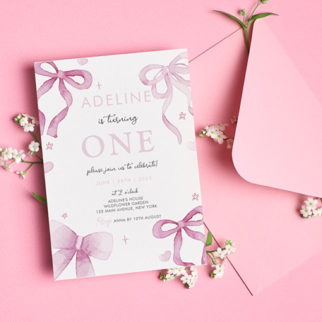 Pink Bow Watercolor Girl 1st Birthday Party Invitation (Pink Bow Watercolor Girl 1st Birthday Party Invitation Girl Birthday Party Digital Template Download)