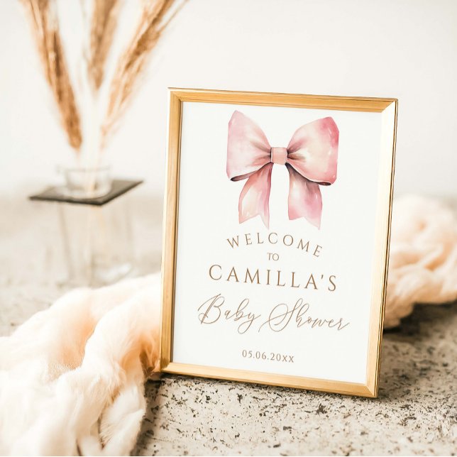Pink Bow Watercolor Girl Baby Shower Welcome Poster (Creator Uploaded)