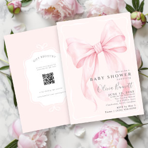 Pink Bow Watercolor Girl Baby Shower with QR Code Invitation