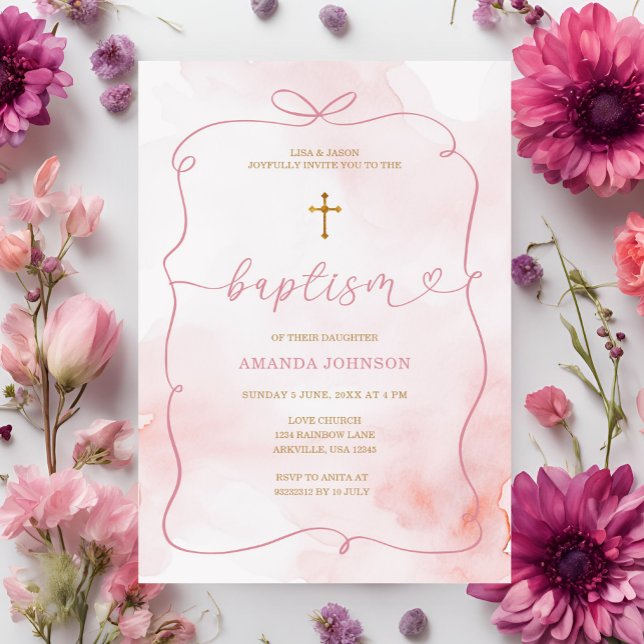 Pink Bow Watercolor Girl Christening Baptism Invitation (Creator Uploaded)