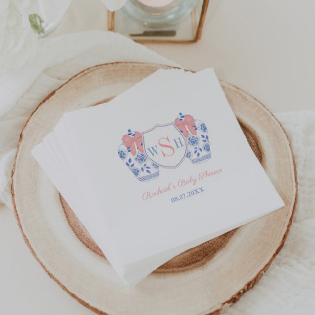 Pink Bow Watercolor Girl Monogram Baby Shower Napkin (Preppy ginger jars with pink bows and 3 letter monogram baby girl shower party napkins)