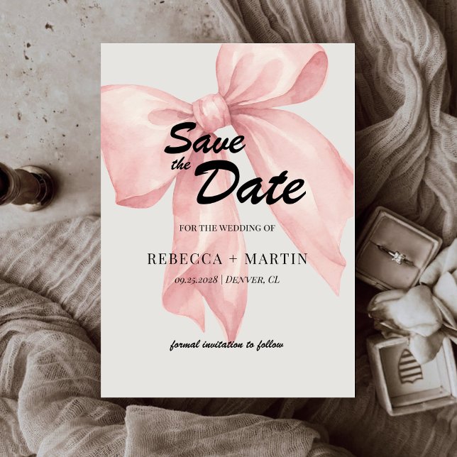Pink Bow Watercolor Minimal Calligraphy Wedding  Save The Date (Creator Uploaded)