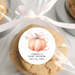 Pink Bow Watercolor Pumpkin Baby Shower Classic Round Sticker