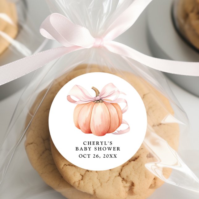 Pink Bow Watercolor Pumpkin Baby Shower Classic Round Sticker (Creator Uploaded)