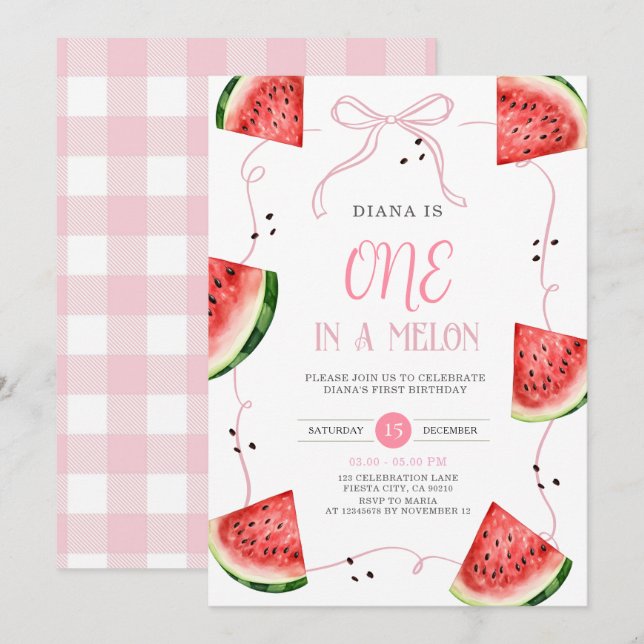 Pink Bow Watermelon First Birthday Invitation (Front/Back)