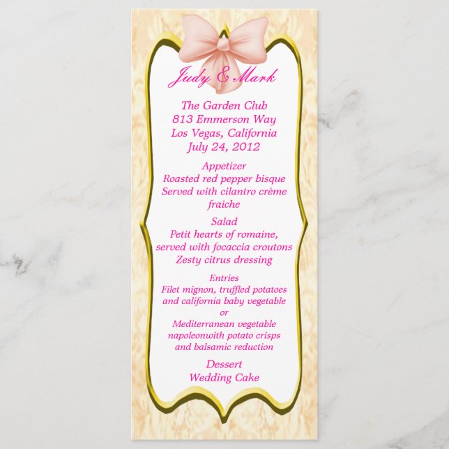 Pink Bow Wedding Menu Card (Front)