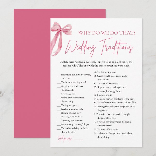 Pink Bow Wedding Traditions Bridal Shower Game Invitation (Front/Back)
