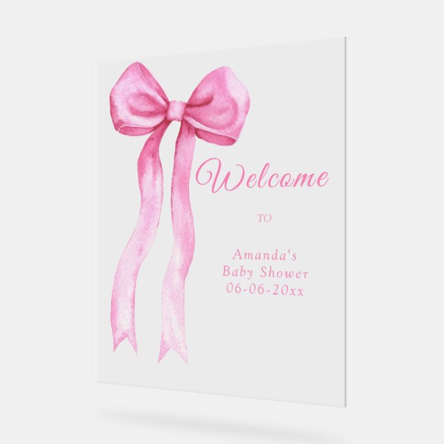 Pink bow - welcome baby shower party acrylic sign (Angle)