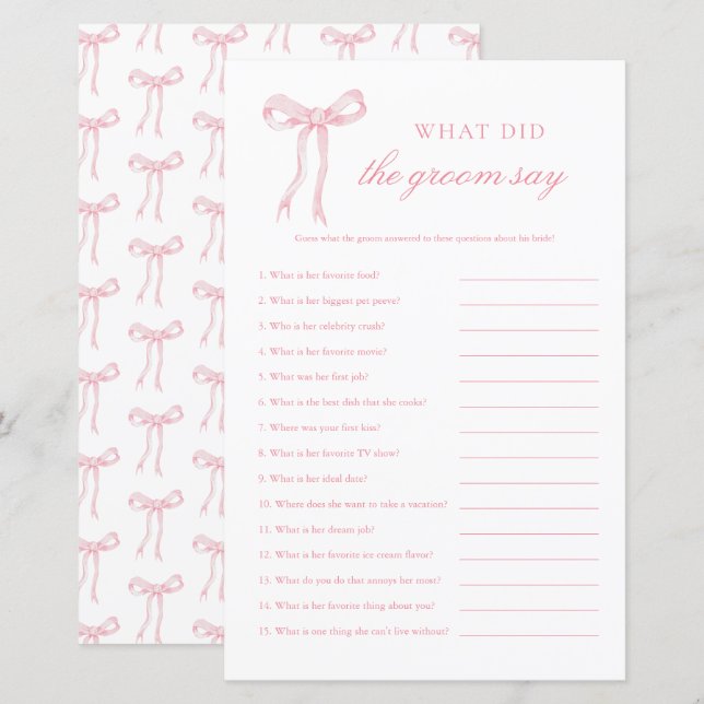 Pink Bow What Did The Groom Say Pink Bridal Game (Front/Back)