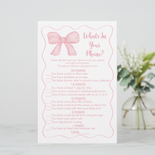 Pink Bow What's In Your Phone Baby Shower Game (Standing Front)