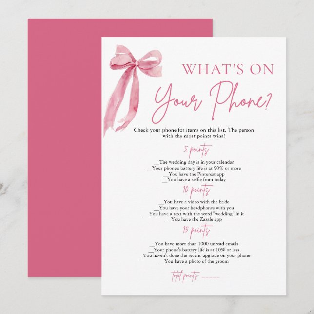 Pink Bow What's On Your Phone Bridal Shower Game Invitation (Front/Back)
