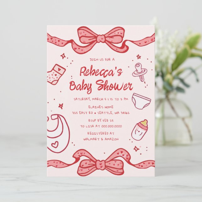 Pink Bow Whimsical Hand Drawn Girl Baby Brunch Invitation (Standing Front)