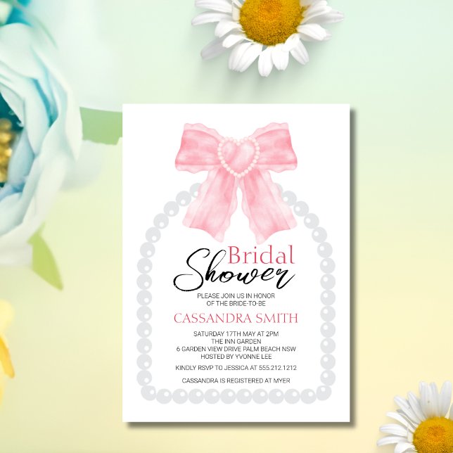Pink Bow White Pearl Arch Bridal Shower  Invitation (Creator Uploaded)