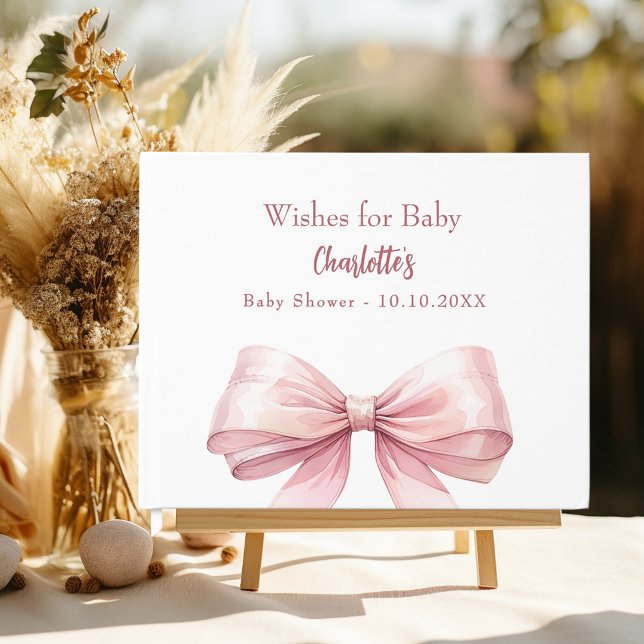 Pink bow white wishes girl Baby Shower Guest Book (Creator Uploaded)