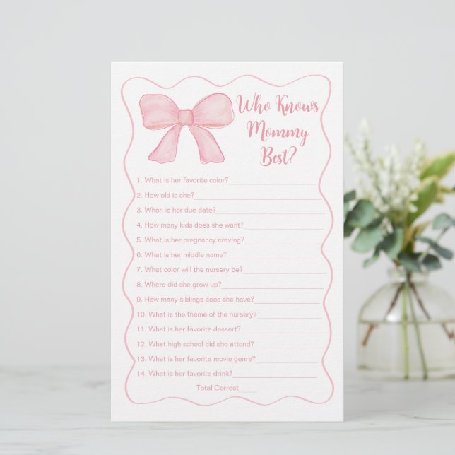 Pink Bow Who Knows Mummy Best Baby Shower Game (Standing Front)