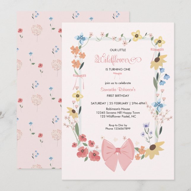 Pink Bow Wildflower 1st Birthday  Invitation (Front/Back)