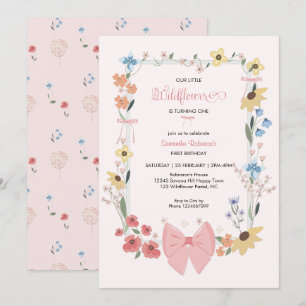 Pink Bow Wildflower 1st Birthday Invitation