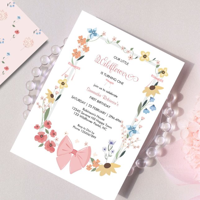 Pink Bow Wildflower 1st Birthday  Invitation (Creator Uploaded)