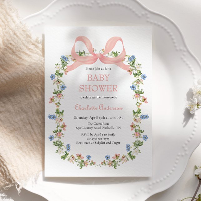 Pink Bow Wildflower Baby Girl Baby Shower Invitation (Creator Uploaded)