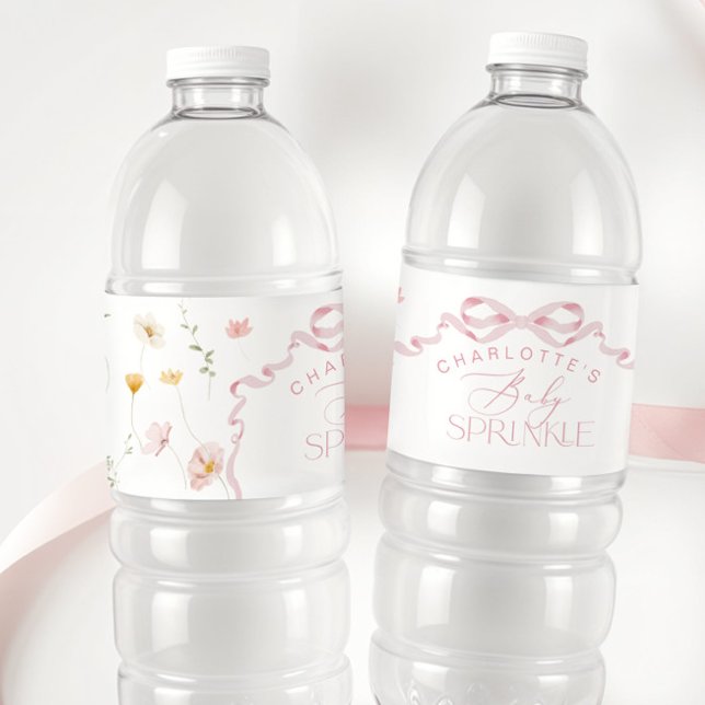 Pink Bow Wildflower Baby Sprinkle Water Bottle Label (Creator Uploaded)
