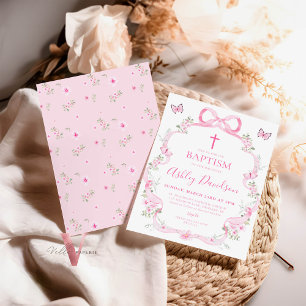 Pink Bow Wildflower Butterfly Baptism Christening Invitation